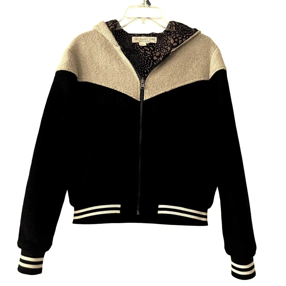Anthropologie Saltwater Luxe Bomber Jacket Black Tan Colorblock Varsity Style S